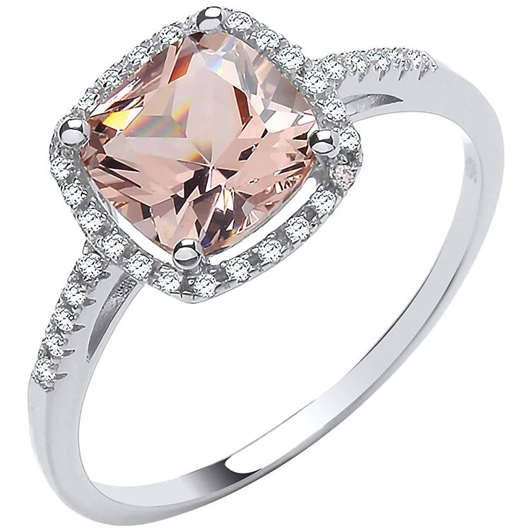 Argento Sterling Taglio Cushion Morganite & Bianco Zircone Cubico Beige Halo - Immagine 1 di 1