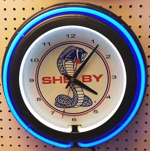 15" Blue SHELBY Snake Double Neon Carbon Fiber Like Clock Cobra Mustang  - Bild 1 von 2