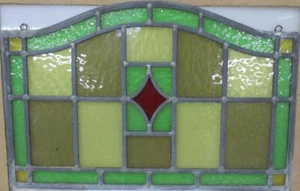OLD ENGLISH STAINED GLASS WINDOW Unframed w Hooks Simple Geometric 21.25" x 12.5 - Picture 1 of 2
