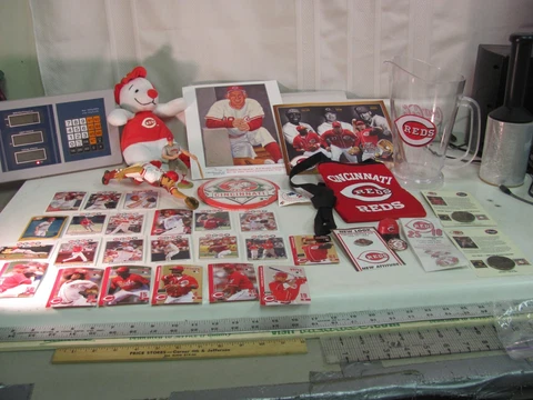 MLB Cincinnati Reds Souvenir Lot Cards, Pitcher, Plush, Pin, Statues, Bag, Coin Cover