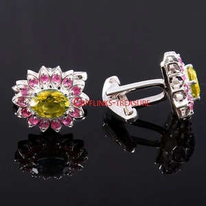 Natural Citrine & Ruby Gemstones with 925 Sterling silver cufflinks for Men's #9 - Picture 1 of 3