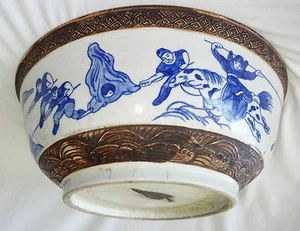 EARLY 20CT CHINESE BLUE & WHITE LG STONE WARE BOWL w. WARRIOR MOTIFS (BTG) - Picture 1 of 12