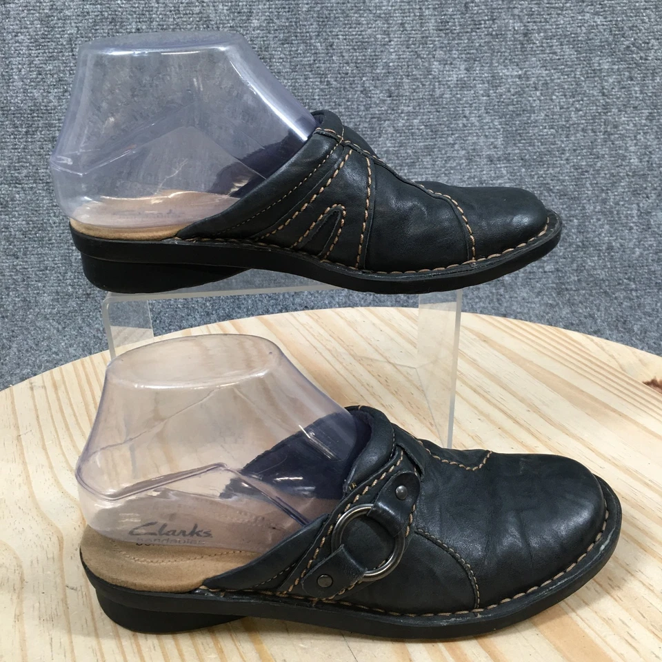 Clarks Womens 6M Black Bendables Leather Slip On Mules Clogs Comfort Shoes - Image 1 of 4