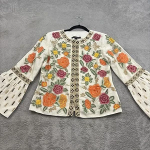 Boston Proper Jacket Womens S Floral Embroidered Metallic Trim Bell Sleeve Boho - Picture 1 of 19