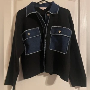 Nanette Lepore Black Blue Mixed Media Jacket Shacket L Boho Preppy Lagenlook - Picture 1 of 7