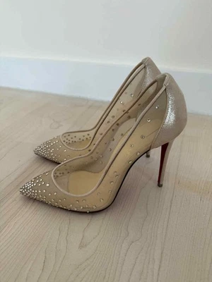 Christian Louboutin Follies Strass 100mm Pump - Beige Suede Light Silk S36 $1295 - Image 1 of 4