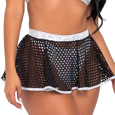 Fishnet Mini Skirt Metallic Silver Trim Iridescent Sheer Black Rave 6077 Small - Image 1 of 3