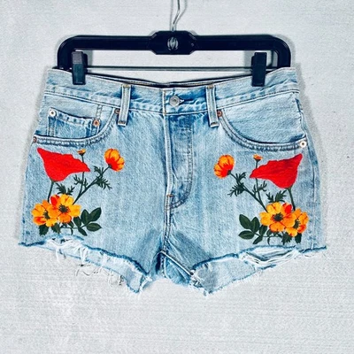 Pantalones Cortos Levis 501 Mujer 26 Lavado Claro Floral Bordado Corte Boho Western Foto 1 de 4