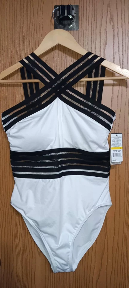 ¡NUEVO CON ETIQUETAS! Traje de baño Kenneth Cole de una pieza para mujer talla M blanco y negro ilusión Foto 1 de 4