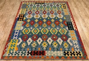 Alfombra de lana azteca afgana/turca genuina moderna hecha a mano, tamaño 235x188 cm - Imagen 1 de 9