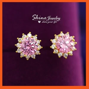 9K YELLOW GOLD FILLED PINK GEM CRYSTAL FLOWER LADY GIRLS HALO STUD EARRINGS GIFT - Picture 1 of 8
