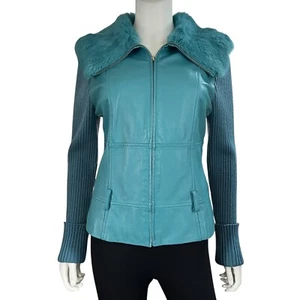 Ruby Cho Jacket Womens Medium Teal Lamb Leather Rabbit Fur Trim - Picture 1 of 9