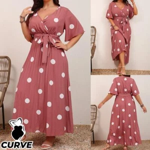 Plus Size Curvy Women Polka V Neck Maxi Wrap Dress Belted Holiday Beach Sundress - Picture 1 of 17