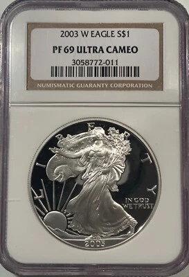2003 W PF69 ULTRA CAMEO SILVER EAGLE  NGC CLASSIC BROWN LABEL FREE SHIPPING  - Image 1 of 3