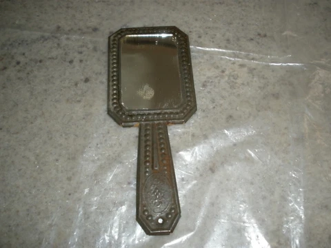 Antique Hand Mirror Tin Aluminum 7" tall (1) Cover