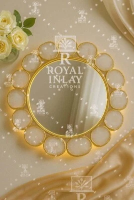 Espejo de pared de piedras preciosas de cuarzo blanco de 18" hecho a mano decoración de tocador redondo de lujo Foto 1 de 4