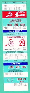 6-29-83 Houston Astros at Atlanta Braves unbenutztes Baseballticket Fulton County - Bild 1 von 1