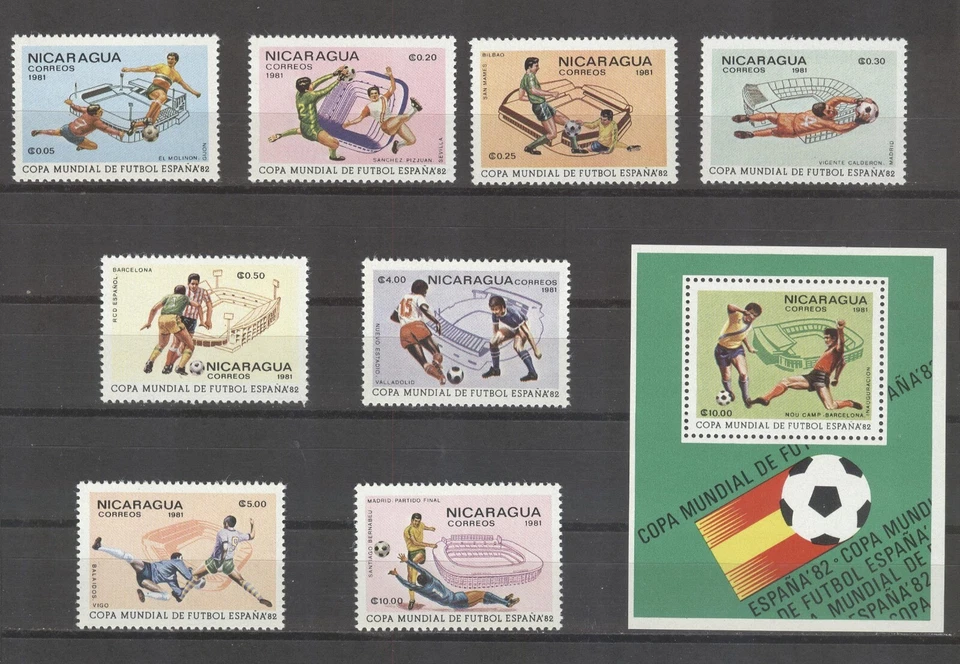 Nicaragua World Championship Soccer Spain 1982 perforated set and block MNH - Image 1 of 1