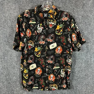 Camisa Ed Hardy Flashboard Camp SS Abotonada Negra Tatuaje Estampado AOP Talla M - Imagen 1 de 11