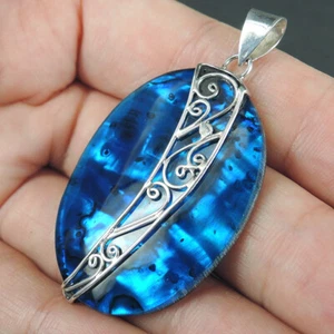 925 Sterling Silver Oval Shape Blue Paua Abalone Shell Pendant, PASP-224 - Picture 1 of 7