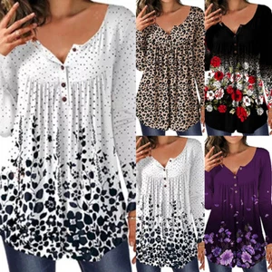 Women's V Neck Floral Print Long Sleeve T-Shirt Ladies Casual Loose Blouse Tee - Picture 1 of 31
