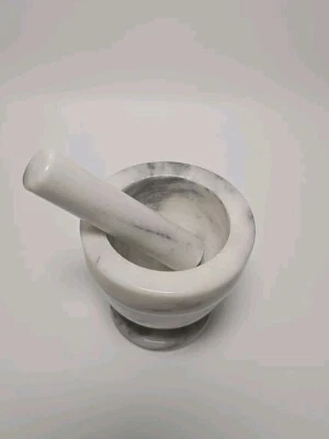 Vintage White and Gray Marble Mortar and Pestal - Image 1 of 4