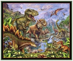 Dinosaur Fabric T Rex Dino Birds Scenic Jurassic Journey Cotton QT 36X44" Panel - Picture 1 of 1