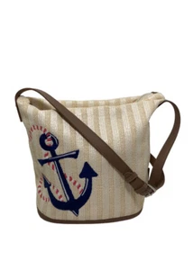 Vera Bradley womens Straw Bucket Crossbody Purse Regatta Anchor Navy - Picture 1 of 13