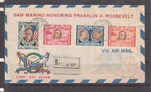 SAN MARINO, 1947 Roosevelt 5L., 31L., 50L. 100L., Reg. First Day cover to USA.