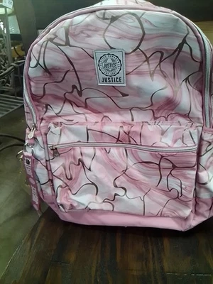 Justice Girls Backpack Pink Full Size Marble Design Pockets Logo 17 Inch Large - Image 1 of 4