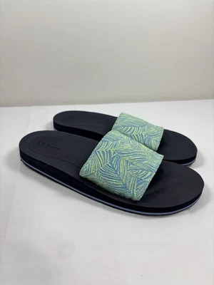 Ll Bean Womens Maine Isle Slide Sandals Sz 9M Blue Leaf Print Yellow Comfort - Image 1 of 4