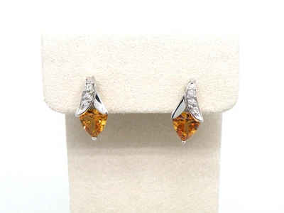 Pendientes Oro Blanco 14k Genuino Citrino Corte Trillón Diamante Piedra Natal Noviembre Foto 1 de 4