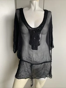 Guess by Marciano schwarz Gr. Large Rundhalsausschnitt transparent Cover Up Tunika Bluse - Bild 1 von 5