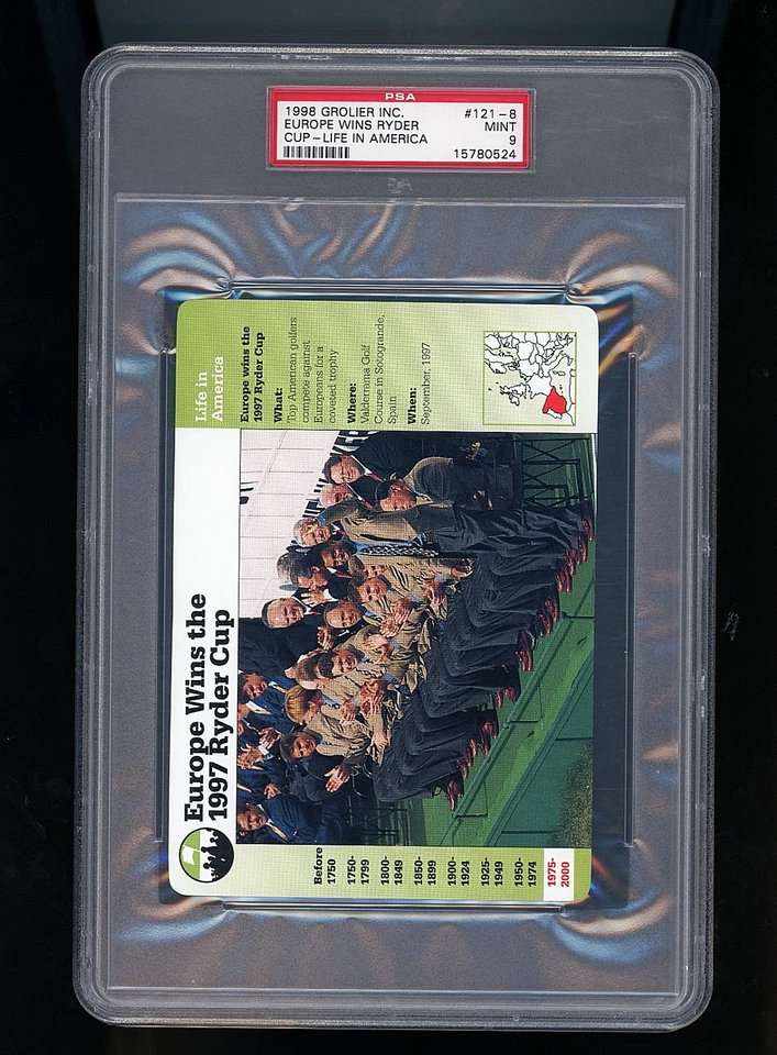 1998 Grolier Inc. Europe Wins Ryder Cup Tiger Woods RC PSA 9 Mint Low POP - Image 1 of 3