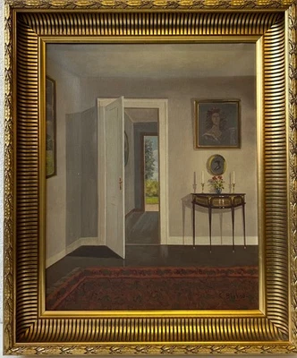 Ölbild Interieur Raum mit weißer Tür und Tisch Carl Birksö 63 x 53 cm - Bild 1 von 4