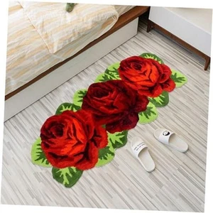 Red Rose Shaped Rug Washable Bath Runner Shaggy Rug Plush Floral Mats Non - Picture 1 of 7