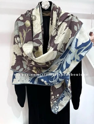 Sallys Quality Cashmere Silk Jacquard Flowers Print Double Face Shawl Scarf 53" - Image 1 of 4