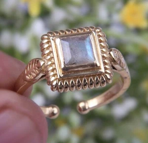 Adjustable Brass Ring With Gemstone Gold Plated Square Ring With Labradorite - Picture 1 of 7