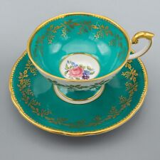 Aynsley England C1544 Cabbage Rose Teal Turquoise Green Cup & Saucer Gold Rim