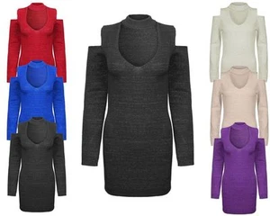 Ladies Women Knitted Long Sleeve V Neck Jumper Top Bodycon Evening Dress Sweater - Picture 1 of 10