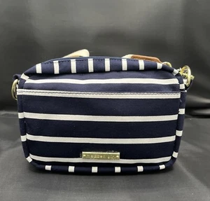 NWT Navy Blue White Striped Brown Madden Girl Small Cotton Crossbody 8”x5”x2” - Picture 1 of 6