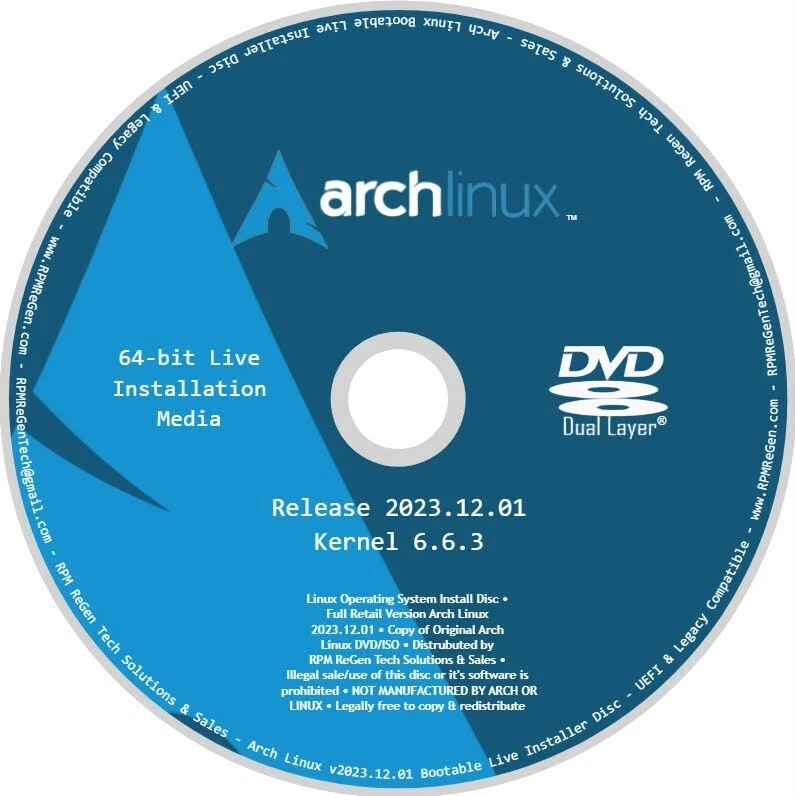 Arch Linux Installation Disc: BOOTABLE LINUX DVD RELEASE 2023.12.1 KERNEL 6.6.3 - Image 1 of 3