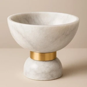Natural White Zebra Marble Bowl with Base, Hand-Carved Diameter: 8", Height: 6'' - Picture 1 of 5