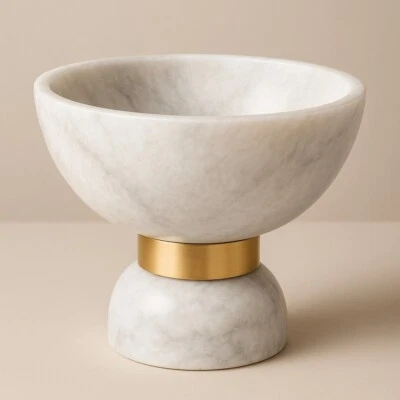 Cuenco de mármol cebra blanco natural con base, tallado a mano diámetro: 8", altura: 6"" Foto 1 de 4