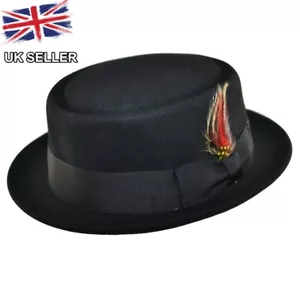 NEW BLACK 100% WOOL FELT PORK PIE TRILBY HAT CRUSHABLE MENS LADIES UK SELLER - Picture 1 of 3