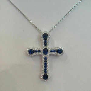 14k White Gold Plated 2.75Ct Simulated Blue Sapphire & Diamond Cross Pendant - Picture 1 of 7