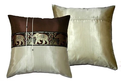 2 Thai Silk Decor Throw Pillow Cushion Cover Cases Elephant Brown/Cream 16x16 - Image 1 of 2