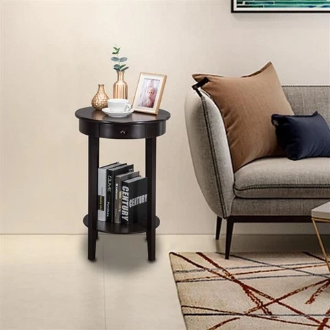 47x47x71CMSimple Round With Drawer Side Coffee Table Brown Accessories Cover