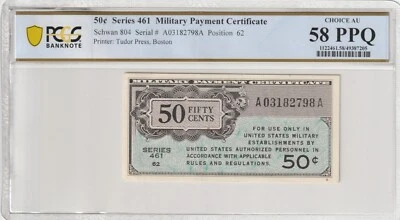 Military Payment Currency 1946 50 Cents PCGS Certified Banknote AU 58 PPQ 461 - Image 1 of 2