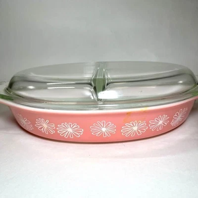 Old Pyrex Pink Daisy Divided Oval Casserole 945-C8 with Lid Vintage USA - Image 1 of 4